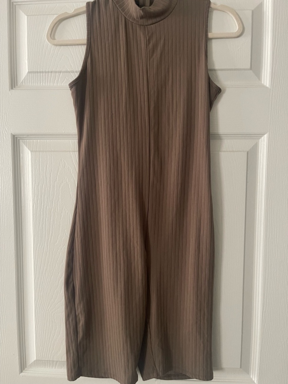 Sleeveless Ribbed Mock-Neck Jumpsuit in Taupe